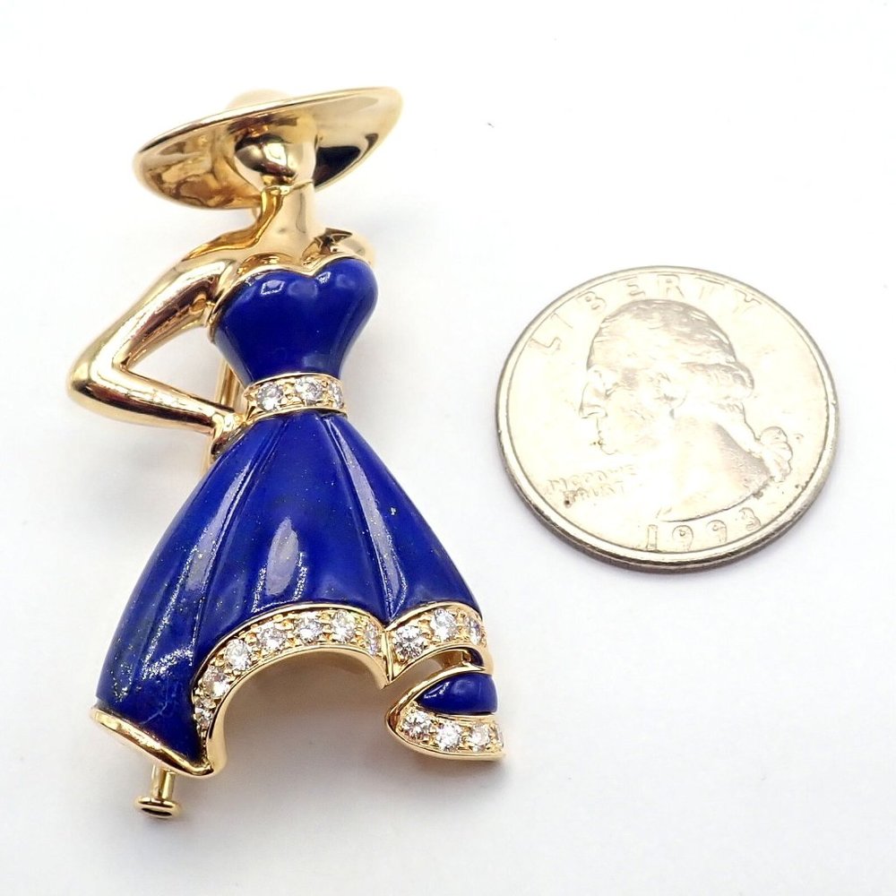 Authentic! Christian Dior 18k Yellow Gold Diamond Lapis Lady Dior Brooch Pendant - Picture 3 of 12